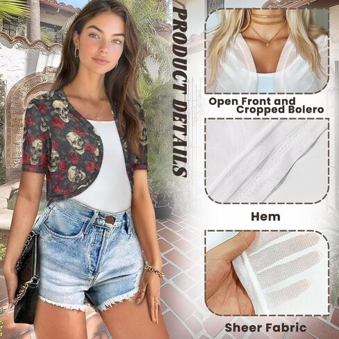 Short Sleeve Cardigans for Women Open Front Breathable Cool Skull Skeleton Rose Floral in Kuwait