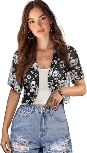 Short Sleeve Cardigans for Women Open Front Breathable Cool Skull Skeleton Rose Floral in Kuwait