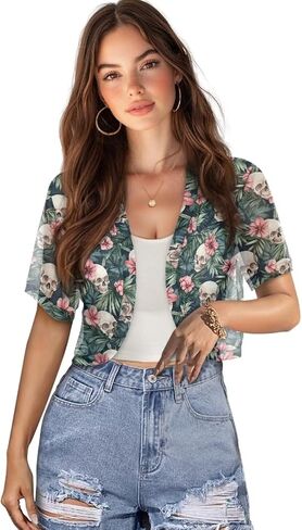 Short Sleeve Cardigans for Women Open Front Breathable Cool Skull Skeleton Rose Floral in Kuwait