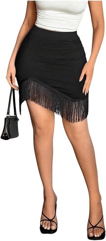 WDIRARA Women's Fringe Trim Bodycon Skirt High Waisted Asymmetrical Hem Short Skirts in Kuwait