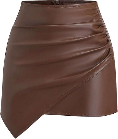 OYOANGLE Women's PU Leather Bodycon Short Skirt Ruched Asymmetrical Hem Party Date Night Pencil Skirts in Kuwait