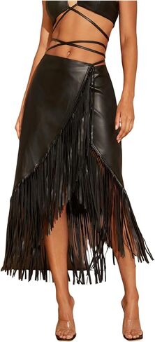 MakeMeChic Women's PU Leather Low Waist Skirt Tie Wrap Fringe Party Midi Skirts in Kuwait