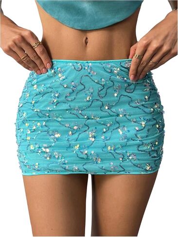 OYOANGLE Women's Glitter Sequin Floral Mini Skirt Low Waist Bodycon Party Club Short Skirts in Kuwait