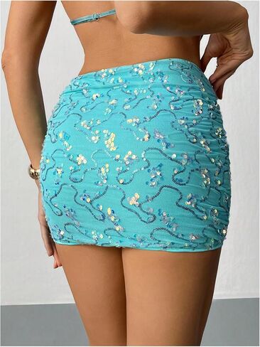OYOANGLE Women's Glitter Sequin Floral Mini Skirt Low Waist Bodycon Party Club Short Skirts in Kuwait