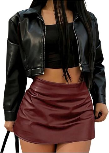 RoseSeek Women's PU Leather Skirt High Waisted Ruched Bodycon Mini Skirt Y2k Party Skirts in Kuwait