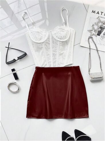 RoseSeek Women's PU Leather Skirt High Waisted Ruched Bodycon Mini Skirt Y2k Party Skirts in Kuwait