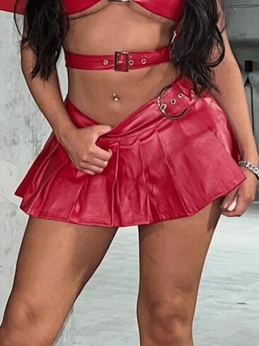 Faux Leather Pleated Mini Skirt High Waist A-Line Flared Short Skirt Punk Bodycon Clubwear Skirt for Party Rave Festival in Kuwait