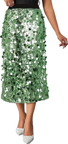 Womens Sequin Skirt Elastic Waist High Waist A line Sparkly Shiny Midi Concerts Night Out Club Party Skirts in Kuwait
