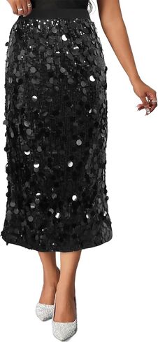 Womens Sequin Skirt Elastic Waist High Waist A line Sparkly Shiny Midi Concerts Night Out Club Party Skirts in Saudi Arabia