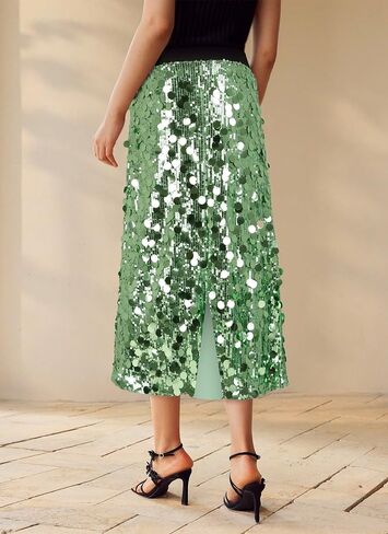 Womens Sequin Skirt Elastic Waist High Waist A line Sparkly Shiny Midi Concerts Night Out Club Party Skirts in Kuwait