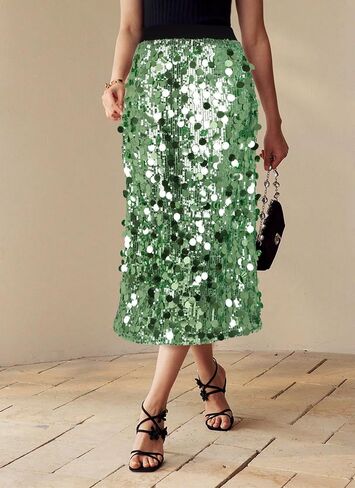 Womens Sequin Skirt Elastic Waist High Waist A line Sparkly Shiny Midi Concerts Night Out Club Party Skirts in Kuwait