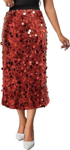 Womens Sequin Skirt Elastic Waist High Waist A line Sparkly Shiny Midi Concerts Night Out Club Party Skirts in Kuwait