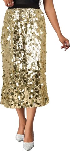 Womens Sequin Skirt Elastic Waist High Waist A line Sparkly Shiny Midi Concerts Night Out Club Party Skirts in Kuwait
