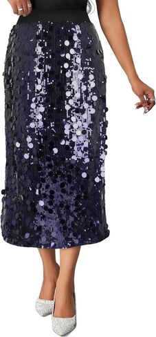 Womens Sequin Skirt Elastic Waist High Waist A line Sparkly Shiny Midi Concerts Night Out Club Party Skirts in Kuwait