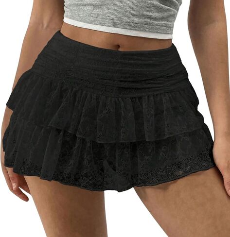 Women Floral Lace Mini Skirts Y2k Low Rise Layered Ruffled Hem Pleated A Line Skirt Fairycore Skirt Streetwear in Saudi Arabia