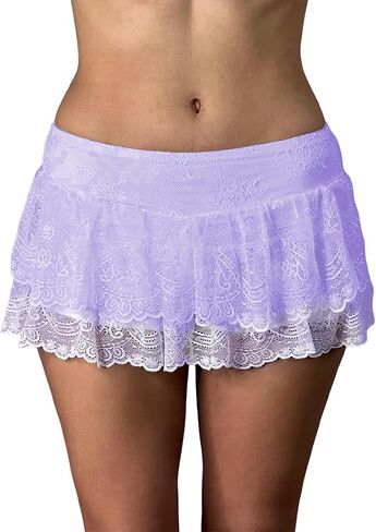 Women Floral Lace Mini Skirts Y2k Low Rise Layered Ruffled Hem Pleated A Line Skirt Fairycore Skirt Streetwear in Saudi Arabia