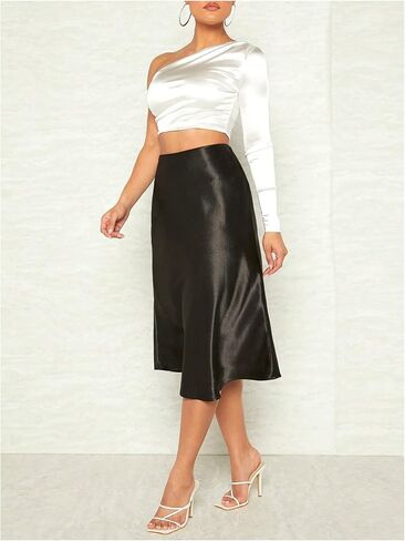 MakeMeChic Women's Satin Skirt High Waisted Silk Ruffle Mid Skirts Evening Concert Outfits in Kuwait