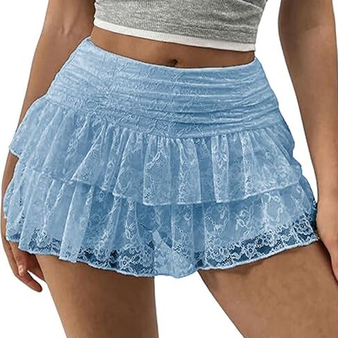 Women Floral Lace Mini Skirts Y2k Low Rise Layered Ruffled Hem Pleated A Line Skirt Fairycore Skirt Streetwear in Saudi Arabia