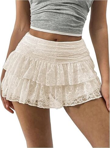 Women Floral Lace Mini Skirts Y2k Low Rise Layered Ruffled Hem Pleated A Line Skirt Fairycore Skirt Streetwear in Saudi Arabia