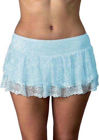 Women Floral Lace Mini Skirts Y2k Low Rise Layered Ruffled Hem Pleated A Line Skirt Fairycore Skirt Streetwear in Saudi Arabia