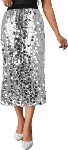 Womens Sequin Skirt Elastic Waist High Waist A line Sparkly Shiny Midi Concerts Night Out Club Party Skirts in Kuwait
