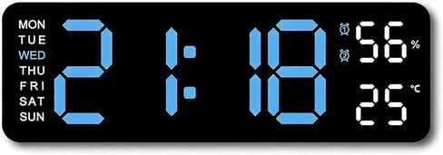 Digital Wall Clock, Blue, LED Display, Dual Alarm with Temperature and Humidity Sensor, Auto-Dimming, 12/24 Hour Format, Plug-in, for Bedroom, Office, Classroom in Kuwait