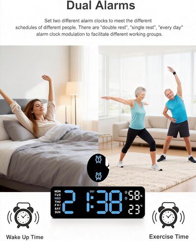Digital Wall Clock, Blue, LED Display, Dual Alarm with Temperature and Humidity Sensor, Auto-Dimming, 12/24 Hour Format, Plug-in, for Bedroom, Office, Classroom in Kuwait