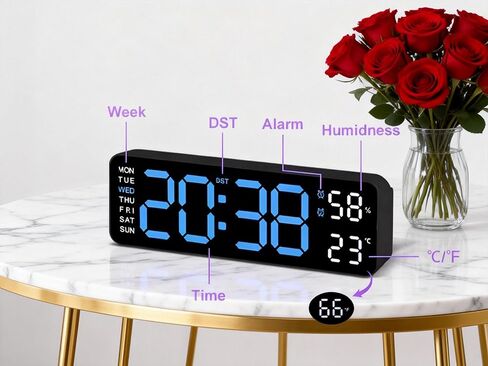 Digital Wall Clock, Blue, LED Display, Dual Alarm with Temperature and Humidity Sensor, Auto-Dimming, 12/24 Hour Format, Plug-in, for Bedroom, Office, Classroom in Kuwait
