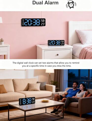 Digital Wall Clock, Blue, LED Display, Dual Alarm with Temperature and Humidity Sensor, Auto-Dimming, 12/24 Hour Format, Plug-in, for Bedroom, Office, Classroom in Kuwait