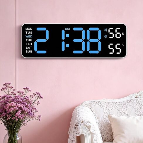 Digital Wall Clock, Blue, LED Display, Dual Alarm with Temperature and Humidity Sensor, Auto-Dimming, 12/24 Hour Format, Plug-in, for Bedroom, Office, Classroom in Kuwait