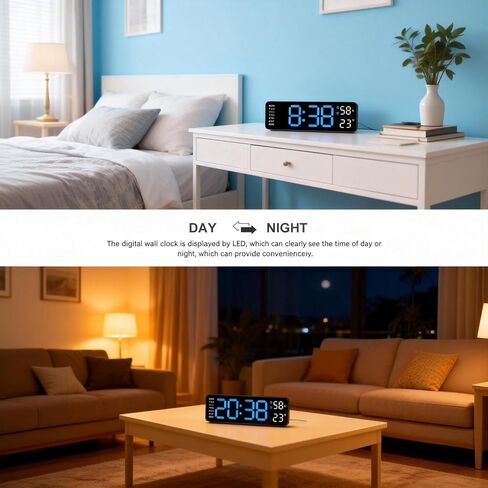 Digital Wall Clock, Blue, LED Display, Dual Alarm with Temperature and Humidity Sensor, Auto-Dimming, 12/24 Hour Format, Plug-in, for Bedroom, Office, Classroom in Kuwait