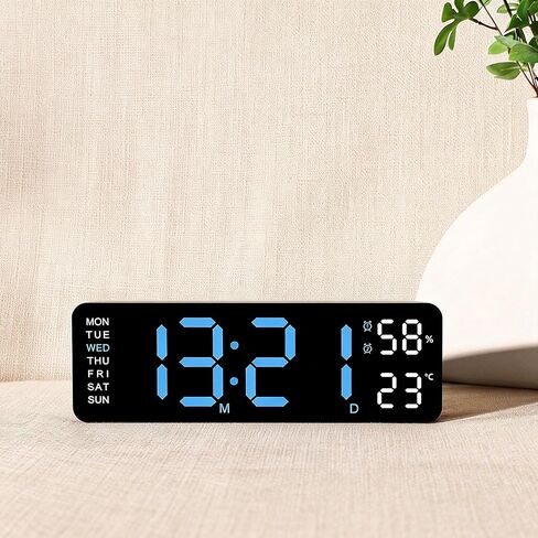 Digital Wall Clock, Blue, LED Display, Dual Alarm with Temperature and Humidity Sensor, Auto-Dimming, 12/24 Hour Format, Plug-in, for Bedroom, Office, Classroom in Kuwait