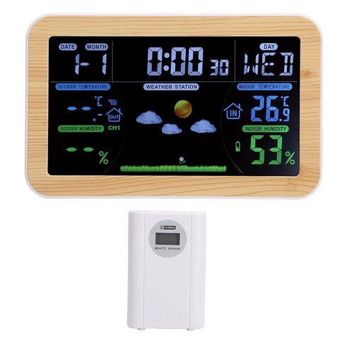 LCD Weather Clock, Indoor Outdoor Temperature Humidity Monitor with 24 Hour Weather Forecast, 8 Languages Week Display, Triple Outdoor Monitoring for Garage Storage Room in Kuwait
