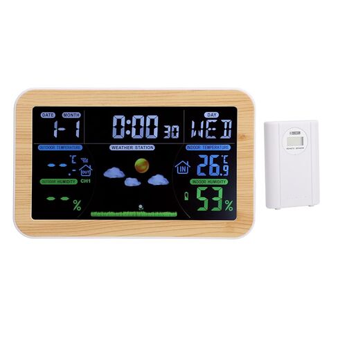 LCD Weather Clock, Indoor Outdoor Temperature Humidity Monitor with 24 Hour Weather Forecast, 8 Languages Week Display, Triple Outdoor Monitoring for Garage Storage Room in Kuwait