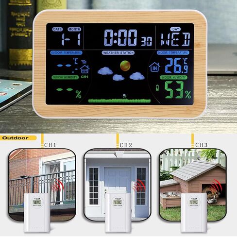 LCD Weather Clock, Indoor Outdoor Temperature Humidity Monitor with 24 Hour Weather Forecast, 8 Languages Week Display, Triple Outdoor Monitoring for Garage Storage Room in Kuwait