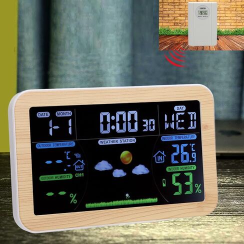 LCD Weather Clock, Indoor Outdoor Temperature Humidity Monitor with 24 Hour Weather Forecast, 8 Languages Week Display, Triple Outdoor Monitoring for Garage Storage Room in Kuwait
