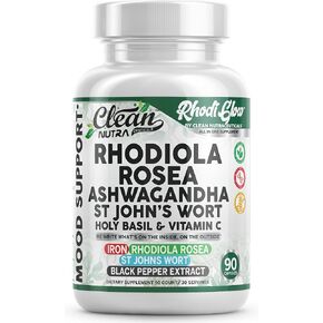 RhodiGlow Rhodiola Rosea Mood Support Supplement + Ashwagandha St Johns Wort Holy Basil Vitamin C Iron Black Pepper By Clean Nutra in Kuwait