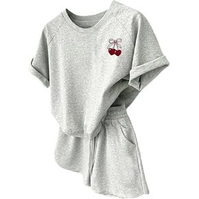 MakeMeChic Girl's 2 Piece Summer Outfits Cherry Print Short Sleeve T Shirt and Drawstring Shorts Casual Sets in Kuwait