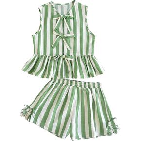 MakeMeChic Girl's 2 Piece Summer Outfits Striped Ruffle Bow Peplum Top and Mini Shorts Vacation Travel Sets in Kuwait