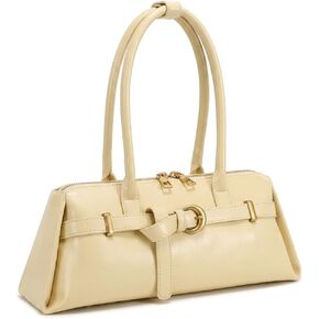 Sleek Baguette Shoulder Bag for Women, Cream Faux Leather Underarm Purse with Double Long Handles in Saudi Arabia