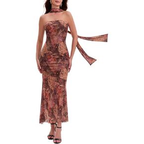 Summer Maxi Dresses for Women 2026 Strapless Ruched Tube Dress with Scarf Beach Vacation Spring Wedding Guest Dress Pockets in Saudi Arabia