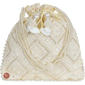 Assorted Chikankari Pattern Silk Potli with Moti Handle Royal Batwa Bag Bridal Purse Women clutch handbag in Saudi Arabia