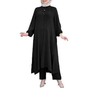 Women's Muslim 2 Pieces Sets Long Sleeve Button Down Shirt and Pants Abaya Casual Dress Dubai Outfits in Saudi Arabia