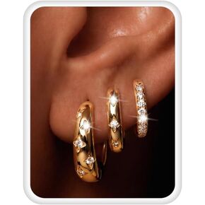 Small Chunky Gold Hoop Earrings for Women: 3Pairs 14K Gold-plated Hypoallergenic Small Huggie Hoops，Lightweight Tiny Thick Trendy for Multiple Piercing for Women Teens Jewelry Set in Kuwait