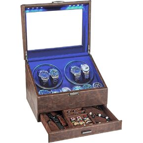 J&T Technology Watch Winder for 4 Automatic Watches, Watch Winder Box with Watch Holders and Jewelry Storage, Quiet Japan-Made Motor,LED Light,Gift for Men & Women in Saudi Arabia