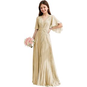Chiffon Junior Bridesmaid Dresses Pleated V Neck Formal Dress for Girls Flutter Sleeves A Line Wedding Guest Girl Gown in Saudi Arabia