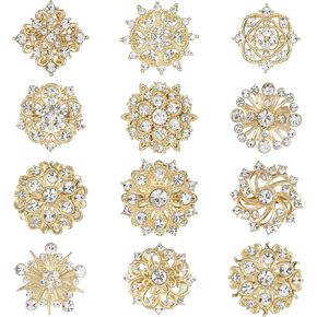 12Pcs Crystal Rhinestone Flower Brooch Pins Set, Gold Alloy Wedding Bouquet Brooches For Women Fashion Crafts Embellishment Bridal Accessories in Saudi Arabia
