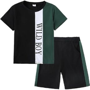 Boys Clothes Summer Striped Short Sleeve Letter Print T-Shirt + Shorts 2 Pieces Set, Sizes 7-14 Years in Saudi Arabia