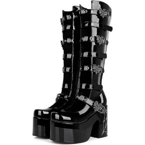 SEIFIN Women's Gothic Lolita Boots Platform Open Front Knee High Chunky Wedge Heels Y2K Buckle Strap Patent Leather Motorcycle Combat Boots in Kuwait