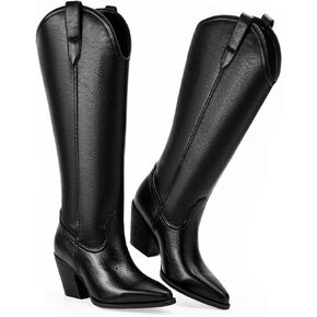 Cowboy Boots for Women - Thin Knee High Boots Women Cutouts & Breathable Slip On Pointed Toe Chunky Heel Lightweight Faux Leather Pull On Boots for Ladies in Saudi Arabia